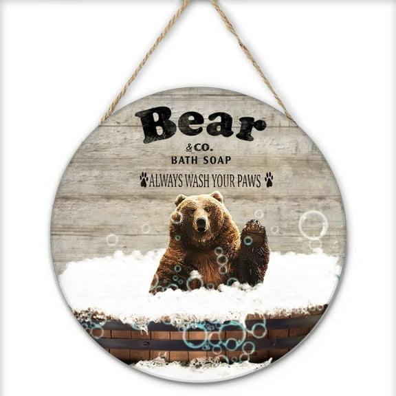Funny Bear Bathroom Vintage Wooden Round Sign Bathtub Decor Bear Lovers Gift Bear Print Bear Signs Animal Wall Art Bar Home Wall Decoration Housewarming Gift 12x12 Inches