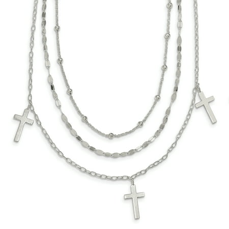 - 925 Sterling Silver Bead 3 Cross Religious Strand Layered Chain Necklace Pendant Charm For Women Gift Set