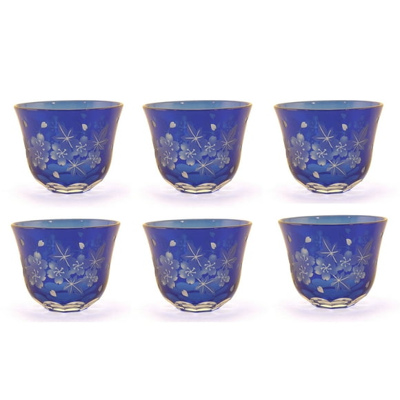 Support Votif en Verre Bleu Cobalt Gravé avec Petites Fleurs Ensemble de 6