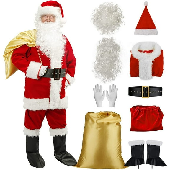 Men’s Santa Costume 10pcs Christmas Santa Claus Suit Deluxe Velvet Cosplay Party Suit Set for Adults
