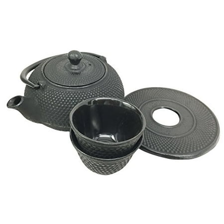 Japanese Imperial Dots Black Cast Iron Tea Pot Trivet and Cups Set Serves 2 Beautifully Packaged in Teapot Gift Box Excellent Home Decor Asian Living Gift for Sophisticated Moms And