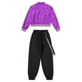 thumbnail image 4 of renvena Girls 2Pcs Shiny Hip Hop Dance Outfits Zipper Jacket with Cargo Jogger Pants Sports 6-16 A Purple&Black 6, 4 of 7