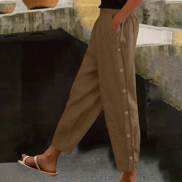 Weiqiqre Straight Leg Linen Pants Women Summer Boho Striped Pants Comfy Drawstring Side Button Casual Beach Pants with Pockets