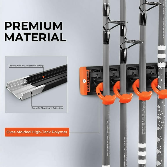 Adjustable Wall-Mounted Fishing Rod Holder, 10 Polymer-Coated Steel Hooks, Space-Saving Storage System, Holds 10 Rod & Reel Combos