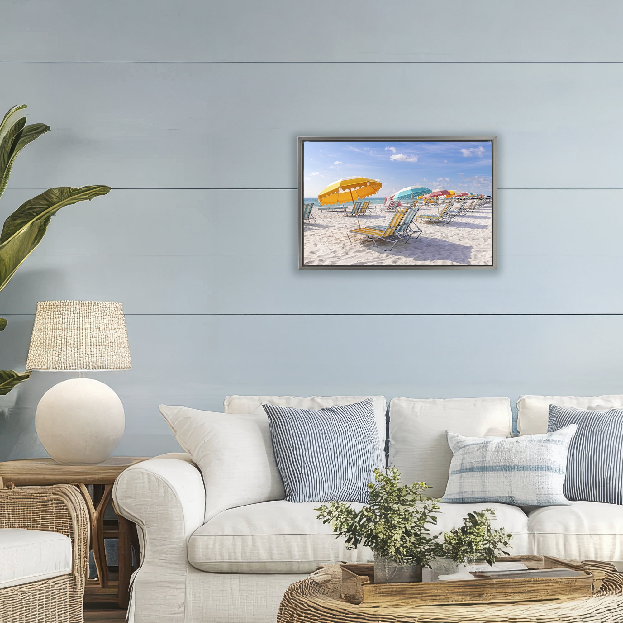 Stupell Industries Striped Umbrellas on Sunny Beach Gray Framed Floater Canvas Wall Art, design by Richard Silver