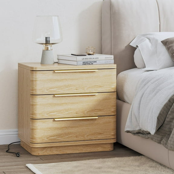 Nightstand with USB Charging Station, 3 Drawer Dresser Wood Modern Night Stand Bedside Table, Oak