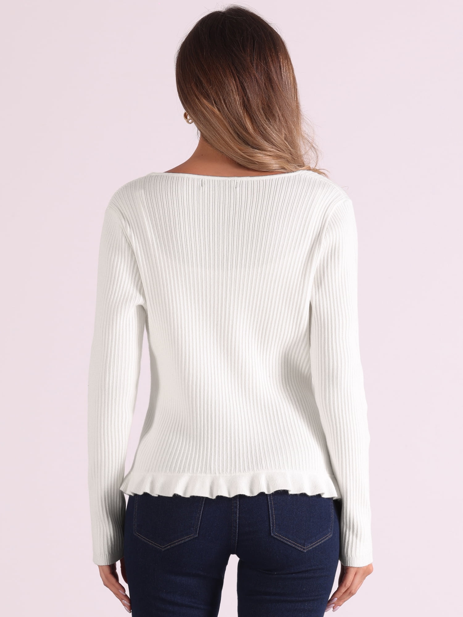 DARING DIVA Women's Ruffle Cardigan V Neck Long Sleeve Open Front Knit Bolero Shrugs M White