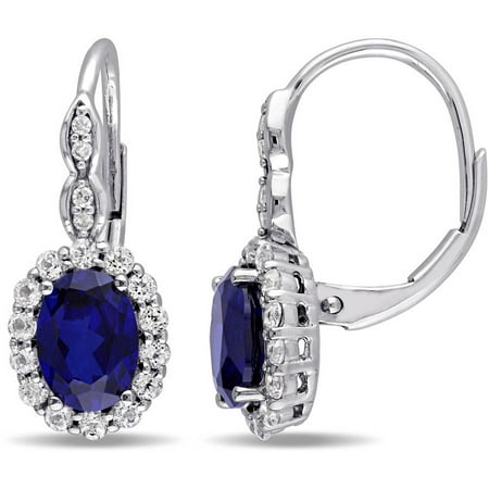 Tangelo 3-3/8 Carat T.G.W. Oval-Cut Created Blue Sapphire, White Topaz and Diamond-Accent 14kt White Gold Halo Earrings