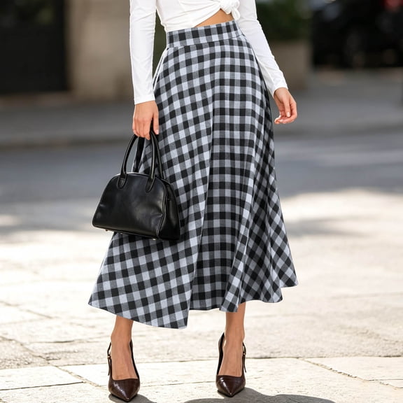 IUYRTFE Women's Plaid Midi Skirt with Pockets High Waist A Line Flared Long Skirt
