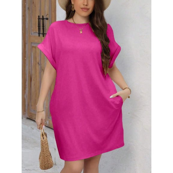 Hot Pink Plus Size Solid Batwing Sleeve Shift Dress With Slanted Pockets