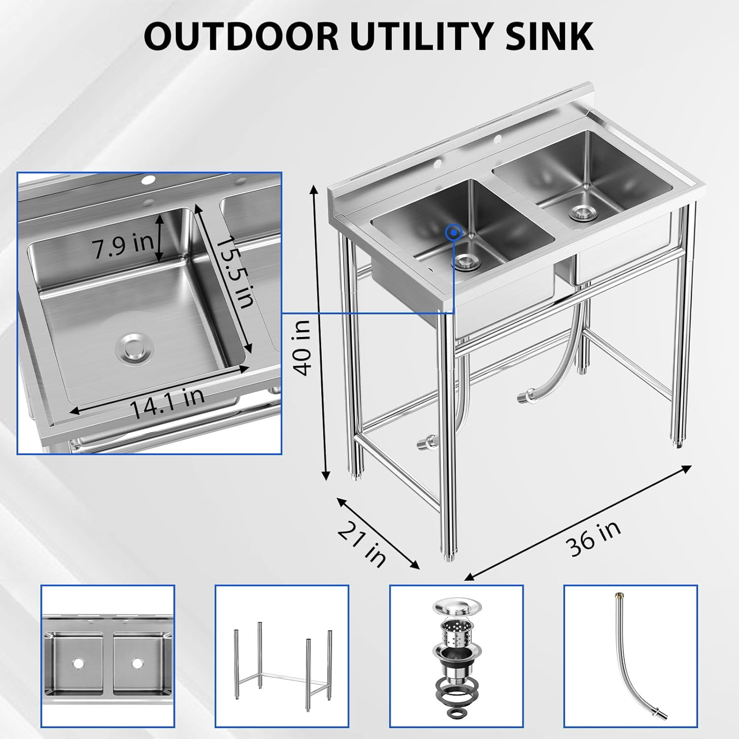 Eastvita Freest&ing Double Bowl Laundry Sink Com Grade 36 in Stainless-Steel Polypropylene Metal Construction Adj Legs Rapid Drainage Spacious Utility Sink For Kitchen Bar Garage Backyard