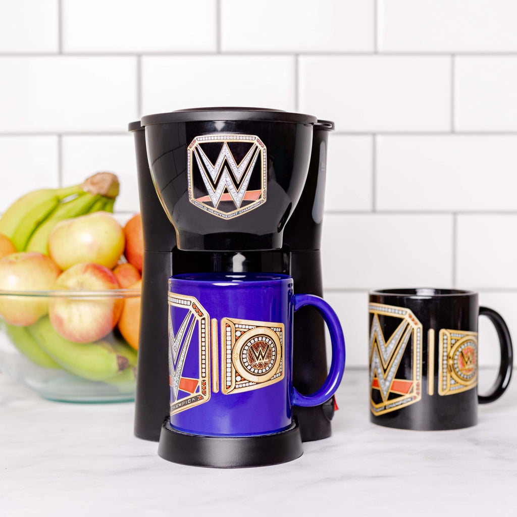 Uncanny Brands WWE Single Cup Coffee Maker Gift Set with 2 Mugs - Caffeinate Like A Champion