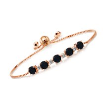 Gem Stone King 2.64 Ct Round Black Onyx White Diamond 18K Rose Gold Plated Silver Bracelet for Women