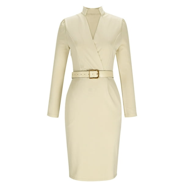 beige work dress Beige Office Fitted V-neck 3/4 Sleeves Below Knee Dress with Pockets