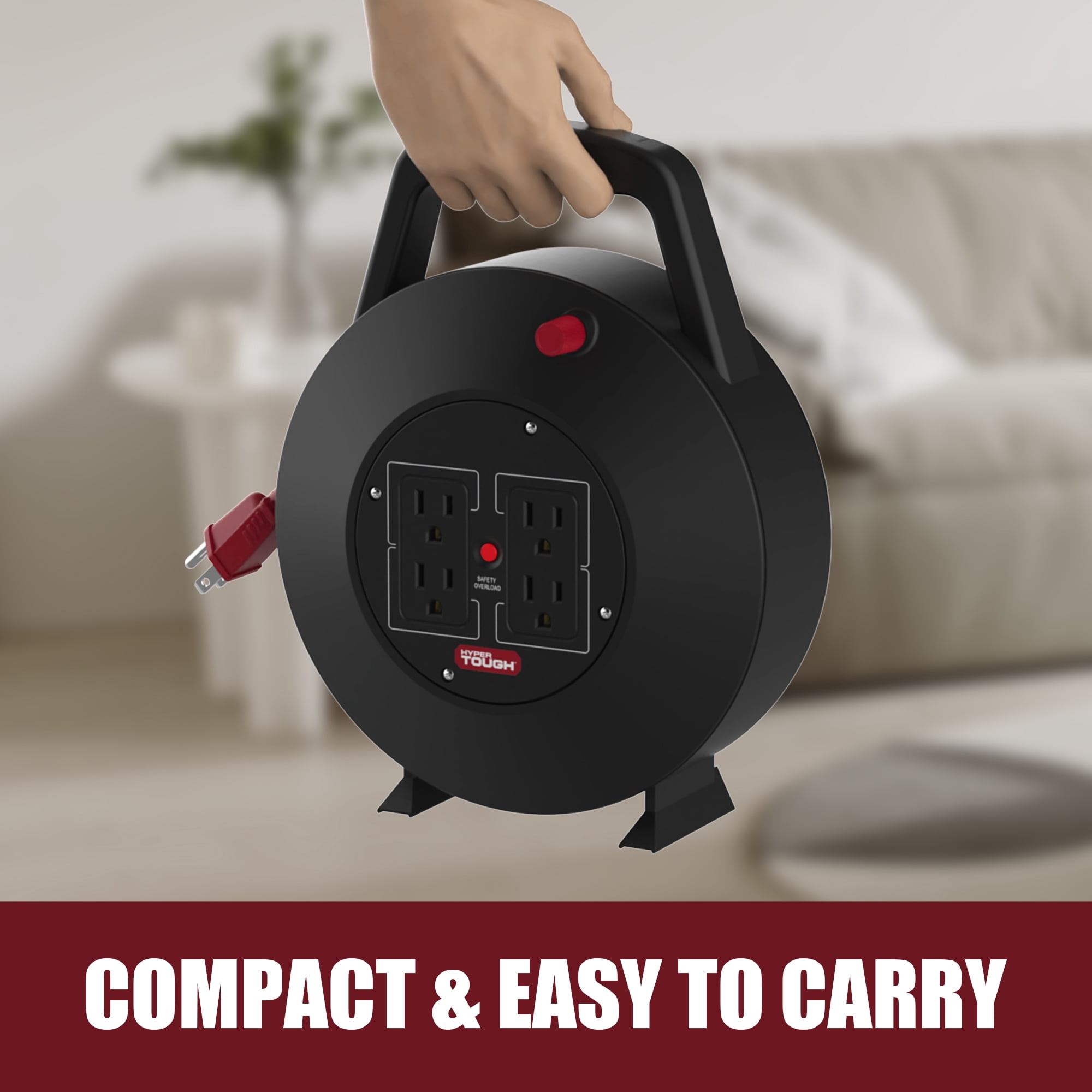 Hyper Tough Extension Cord Reel with 4 Outlets, 25 Foot, Black/Red, 1 Piece