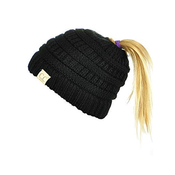 BeanieTail Kids' Children's Soft Cable Knit Messy High Bun Ponytail Beanie Hat, Black