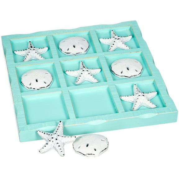 Beach Tic Tac Toe Game - 9" X 9" Seafoam Blue Tic Tac Toe Decor Home W/ White Resin Starfish & Sand Dollars - Real Wooden Tic Tac Toe Game - Tic Tac Toe Coffee Table Game - Nautical Board Game