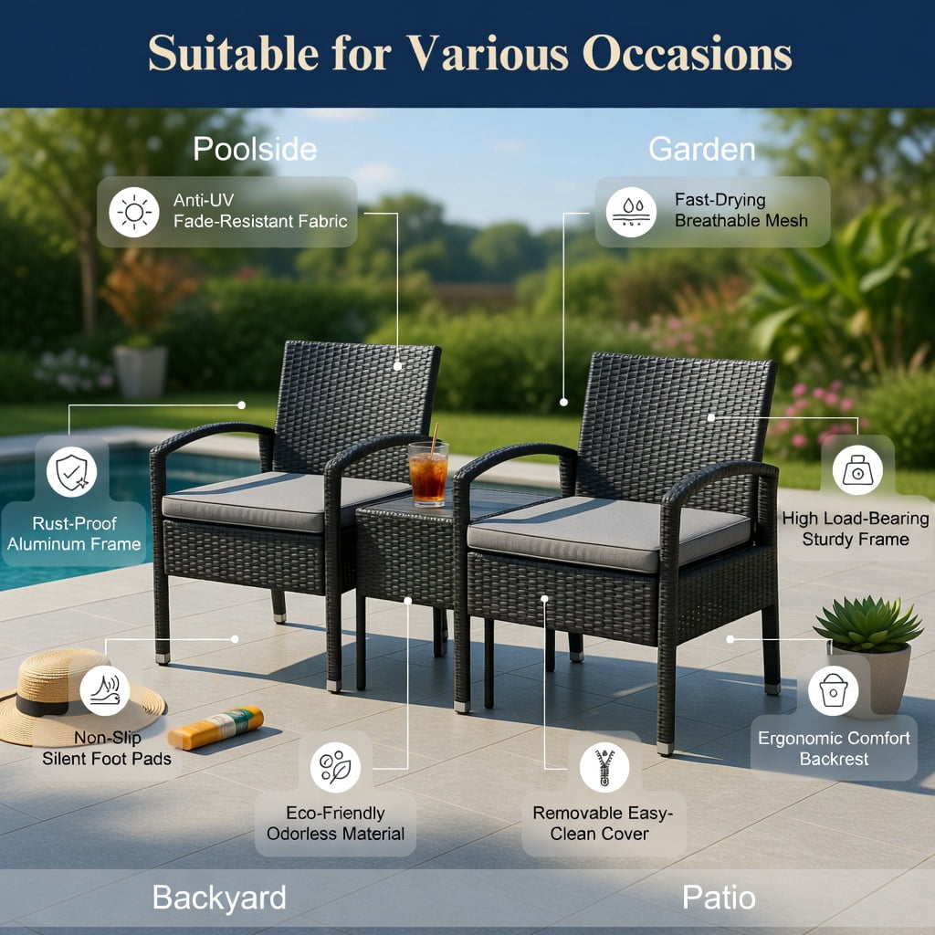 Hommoo 3-Piece Outdoor Rattan Patio Conversation Set, PE Wicker Chairs & Tempered Glass Coffee Table for Backyard, Balcony, Poolside, Gray