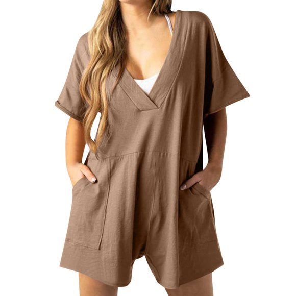 Besolor Rompers for Women 2024 Summer Casual Oversized Romper Short Sleeve V Neck Lounge Shorts Jumpsuit with Pockets