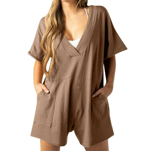Timegard Womens Rompers Deep V-Neck Short Sleeve Drop Shoulder Casual Loose Shorts Jumpsuit with Pockets