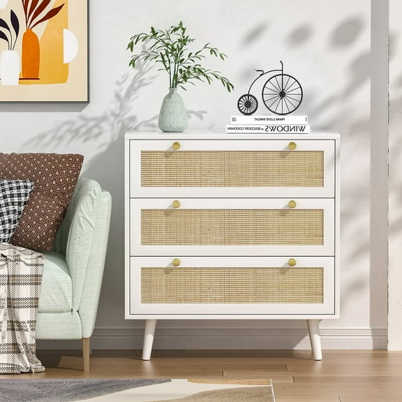 Eumyviv 3 Drawer Rectangle Dresser, Rustic Rattan Cabinet, White Bedside Table, White H0072
