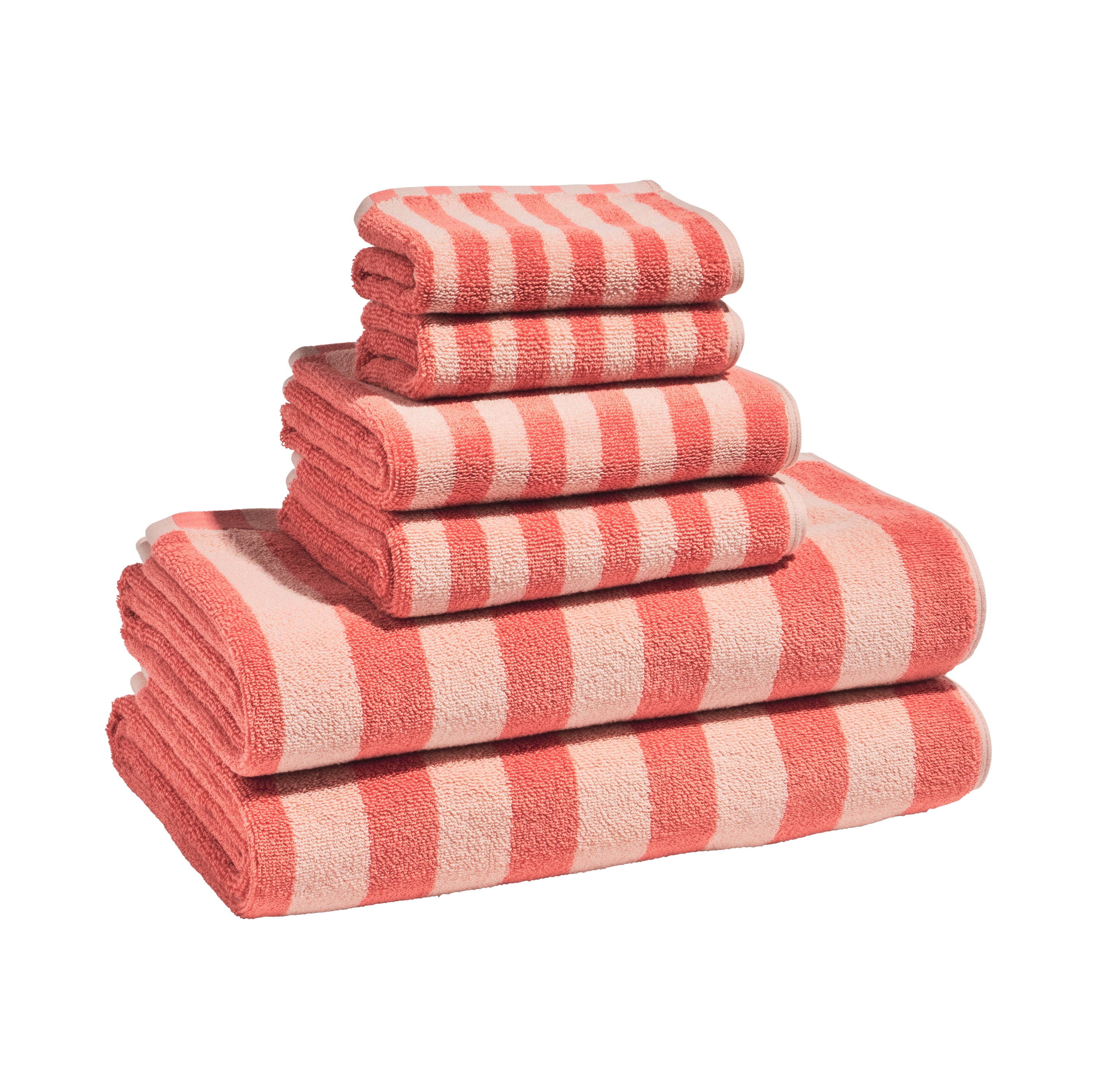 Beautiful by Drew Barrymore 6-Piece Stripe Hem Bath Towel Set, Soft 100% Cotton, Coral