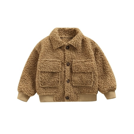 

Children s Warm Fleece Jacket Button Up Faux ShearlingCartoon 3D Little Bear Chunky Outerwear Coat With Pockets