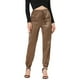 thumbnail image 1 of Pantalones cargo de satén sedoso de tiro alto elástico con cordón para mujer Caqui oscuro M, 1 of 6