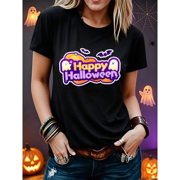 Women's T‑Shirt, Halloween Costume, Casual Funny Ghost Pumpkin Bat Print, Party Trick Or Treat
