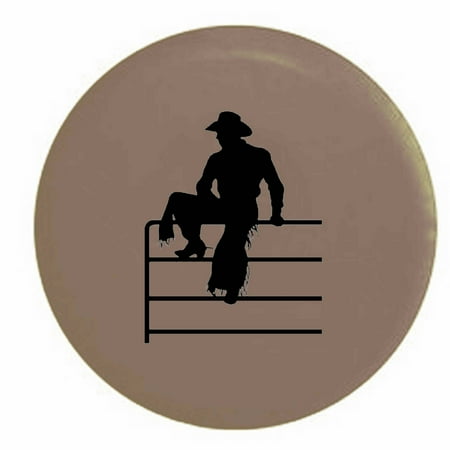 Rodeo Cowboy with Spurs & Hat On Trailer Spare Tire Cover Vinyl Tan-BlackInk 31 in