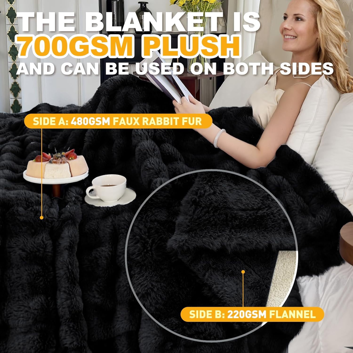 Parojati 90*90 Faux Fur Throw Blanket for Queen Size Bed - Extra Soft Fluffy Warm Bubble Design Blanket for Couch, Sofa and Versatile Use for Bedroom, Living Room, Farmhouse, Black