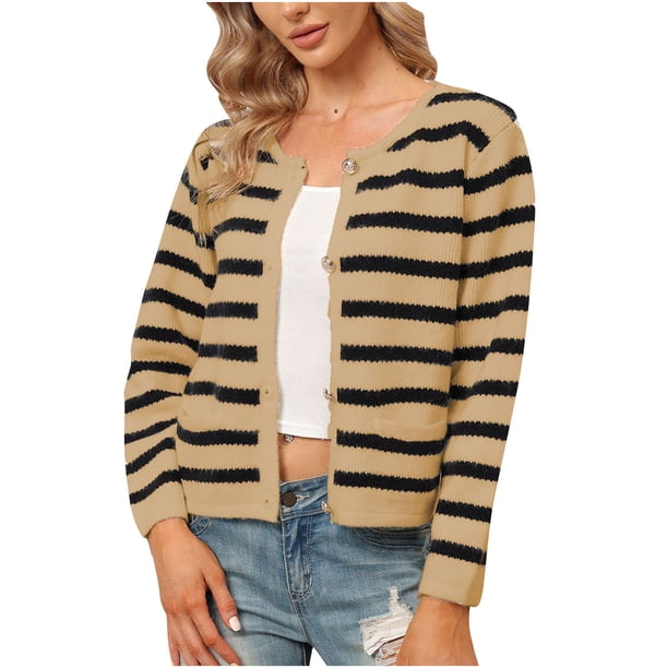 Cárdigan Suéteres para mujer Suéteres de otoño Recortada Invierno Cárdigan informal Blusa de un solo pecho Manga larga Raya Tops cortos Odeerbi ODB-5