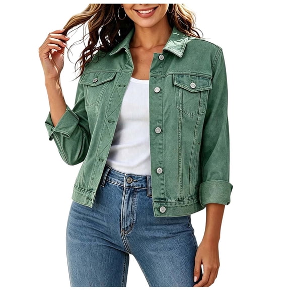 CYMMPU Women’s Flap Pocket Denim Jacket, Lapel Collar Long Sleeve Button Down Jean Coat with Multiple Pockets Loose Fit Outerwear Green XXL