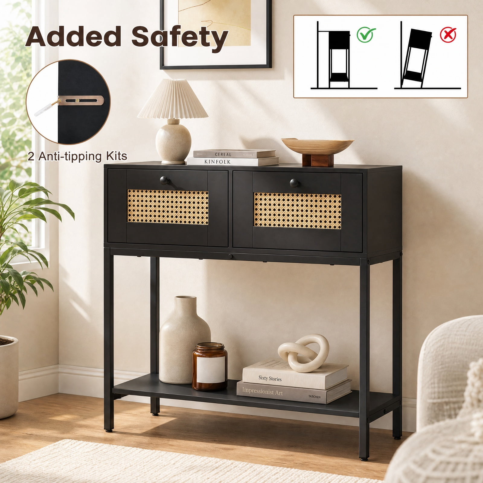 Furnibear Rattan Console Table Boho Entryway Table with 2 Rattan Drawers and Open Storage Shelf for Hallway Living Room, Black