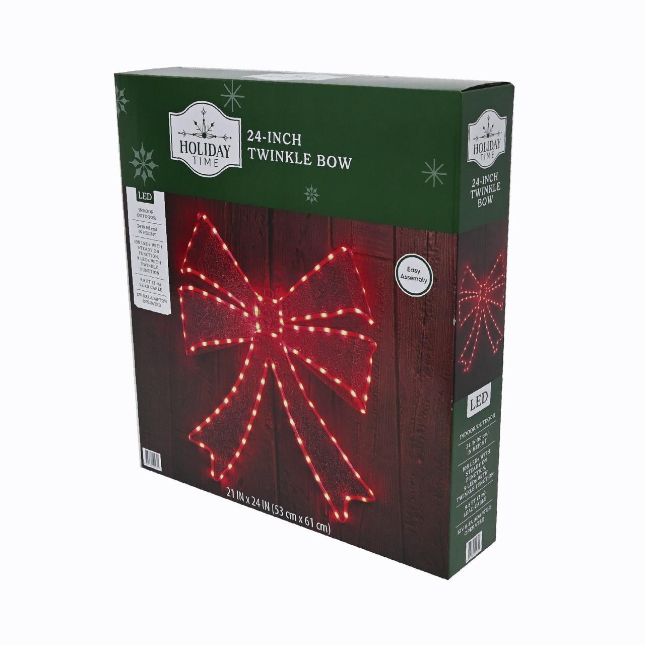 Indoor/Outdoor Light-Up Twinkle Bow Christmas Decoration with 117 LED Lights, Red, 24", by Holiday Time