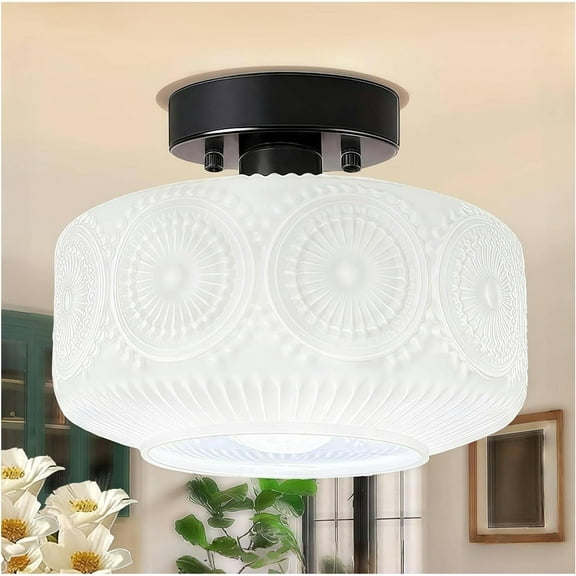 Semi Flush Mount Ceiling Ligh,Globe Glass Ceiling Light with Milk White Galss Shade,Hallway Light Fixtures,Modern Milky White Lighting Fixture for Bedroom Kitchen Porch Corridor