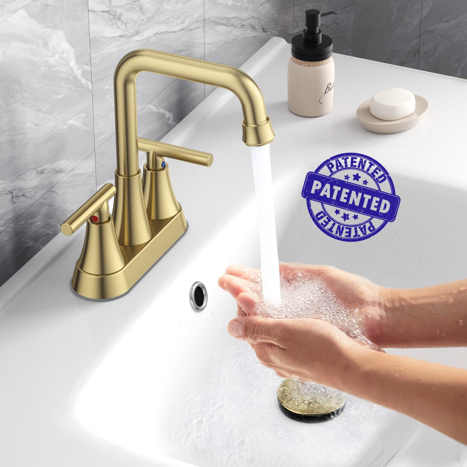 KINGTACK Bathroom Sink Faucet, 4 inch Brushed Gold Bathroom Faucets with Pop-up Drain and Supply Lines, Stainless Steel 2-Handle Centerset Faucet for Bathroom Faucet 3 Hole