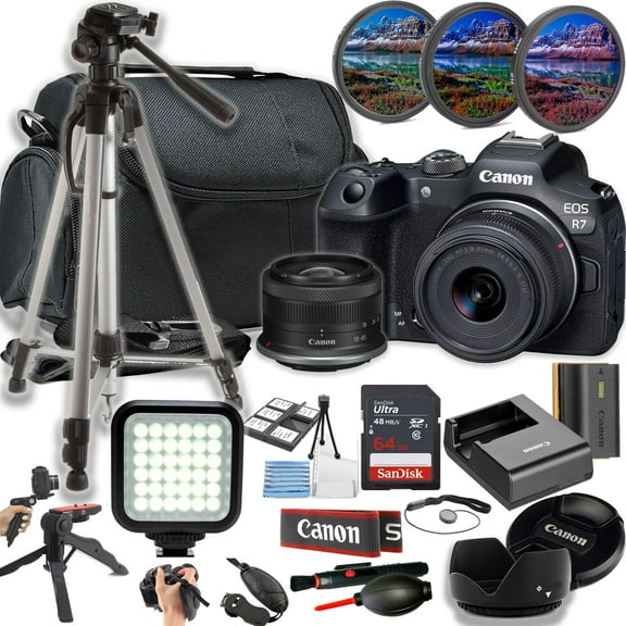 Canon EOS R7 Mirrorless Camera w/RF-S 18-45mm f/4.5-6.3 is STM Lens LED Light 64GB Memory Filters Case Tripod Grips Hood, and More (24pc Bundle)