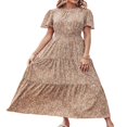 thumbnail image 4 of Femmes Bouton vers le Bas Midi Robe Manches Courtes Robe de Soleil Imprimé Floral Cravate Bohème une Pièce Vin Rouge M, 4 of 6