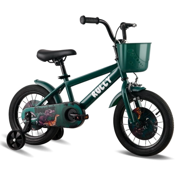 RULLY 14 inch Dinosaur Kids Bike for Boys 3-5 Years, Bicycle with Training Wheels, Basket & Coaster Brake, Green
