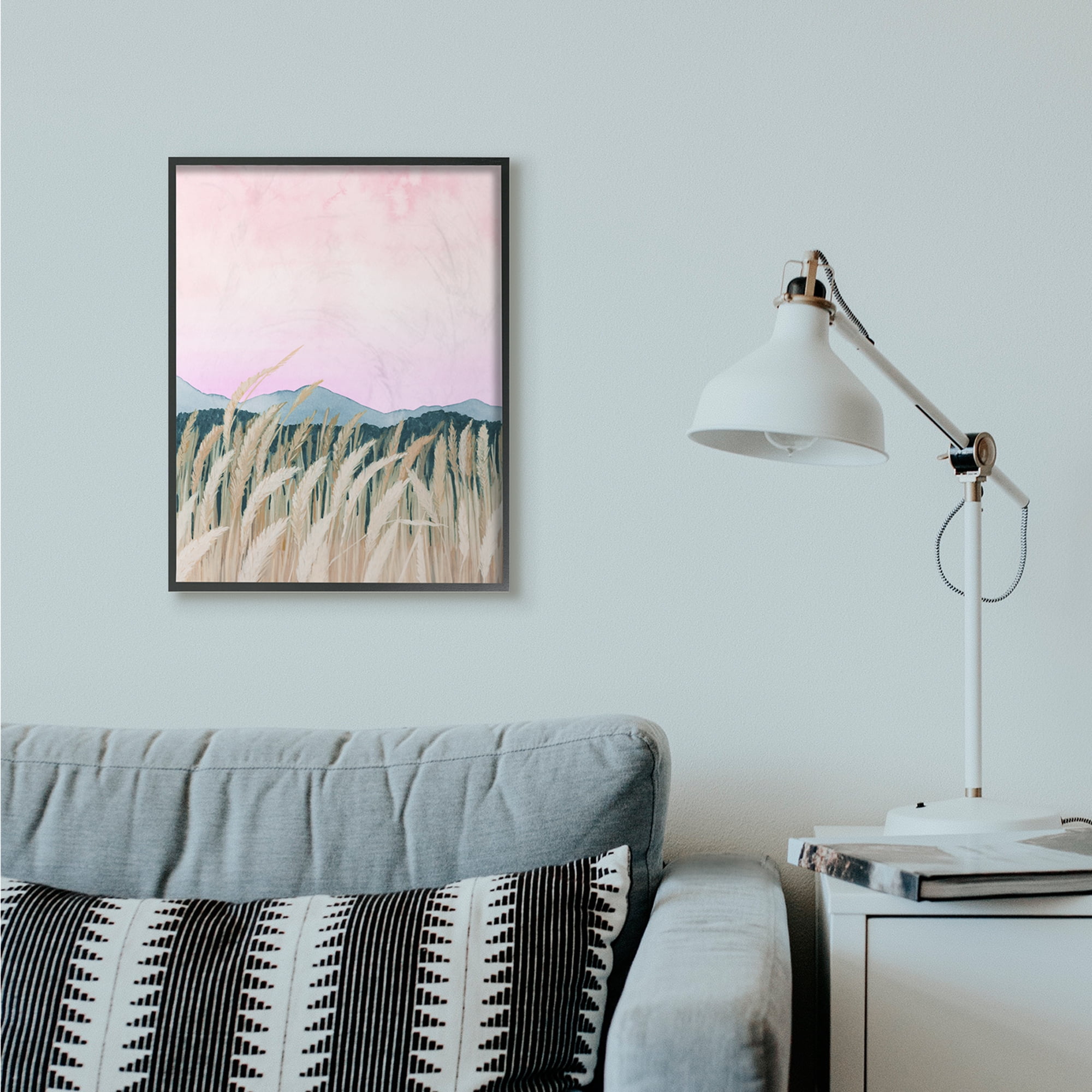 Stupell Industries Wheat Field Dawn Pink Green Watercolor Painting Black Framed Art Print Wall Art, 24x30, by Grace Popp