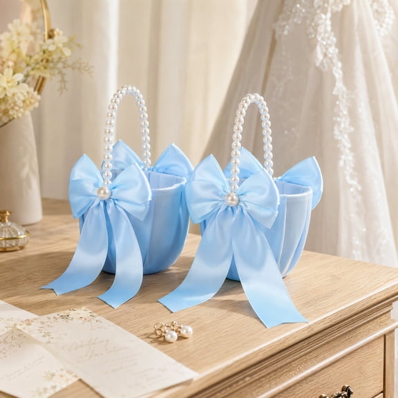Set of 2 Wedding Flower Girl Baskets with Cute Pearl Handle Bowknot Satin Flower Baskets for Wedding Ceremony Anniversary(Blue)