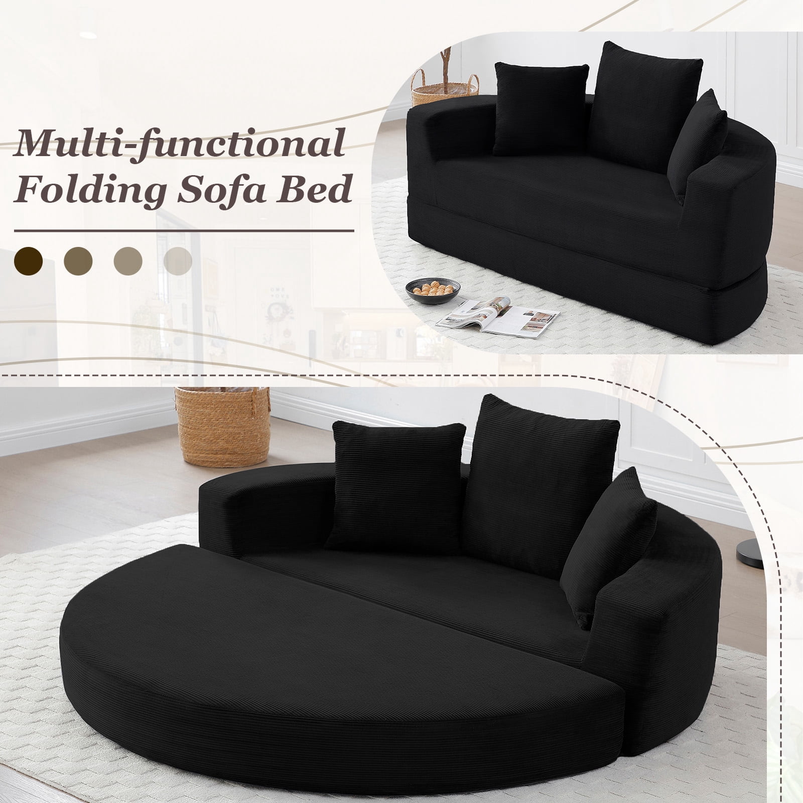 MOONMISS Convertible Sofa Couch Bed,Multi-Functional,Circular Bed,Adjustable Futon Sofa For Apartment Office Bedroom Living Room,Black