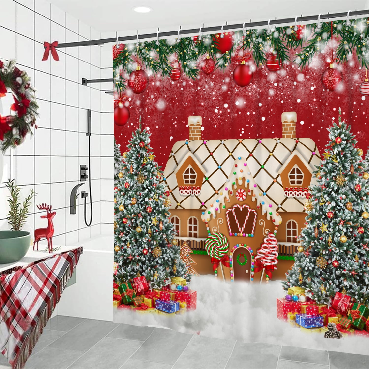 Winter Christmas Shower Curtain,Xmas Pine Tree Red Waterproof Fabric Bath Curtain with Hooks,72"x78"