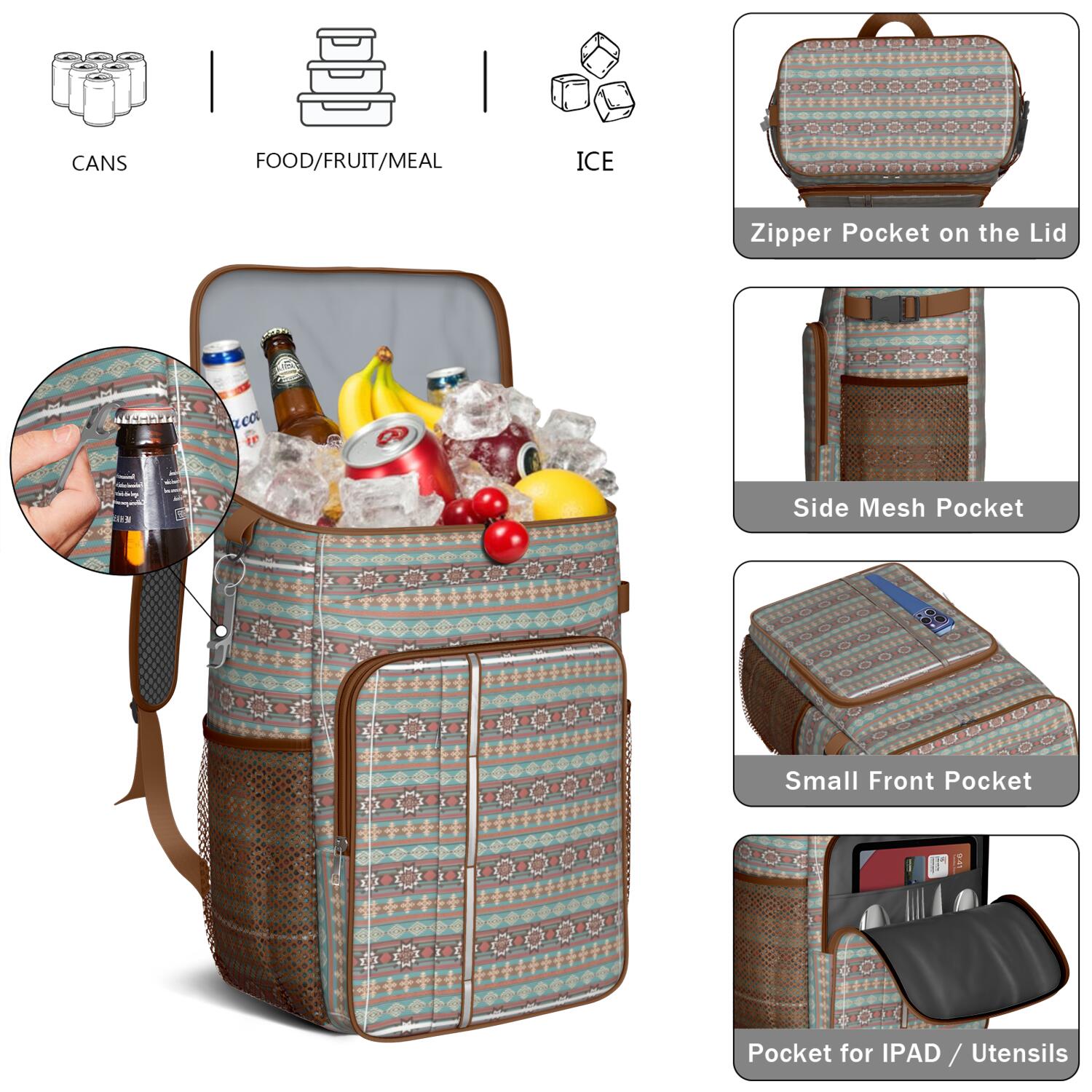 Travel Cooler Bag - Boho Bohemia Pioneer Flower Geometric Line Art Camping Beer Cooler Backpack with Bottle Opener- Waterproof Insulated Picnic Backpacks - Cooler Bag for Beach
