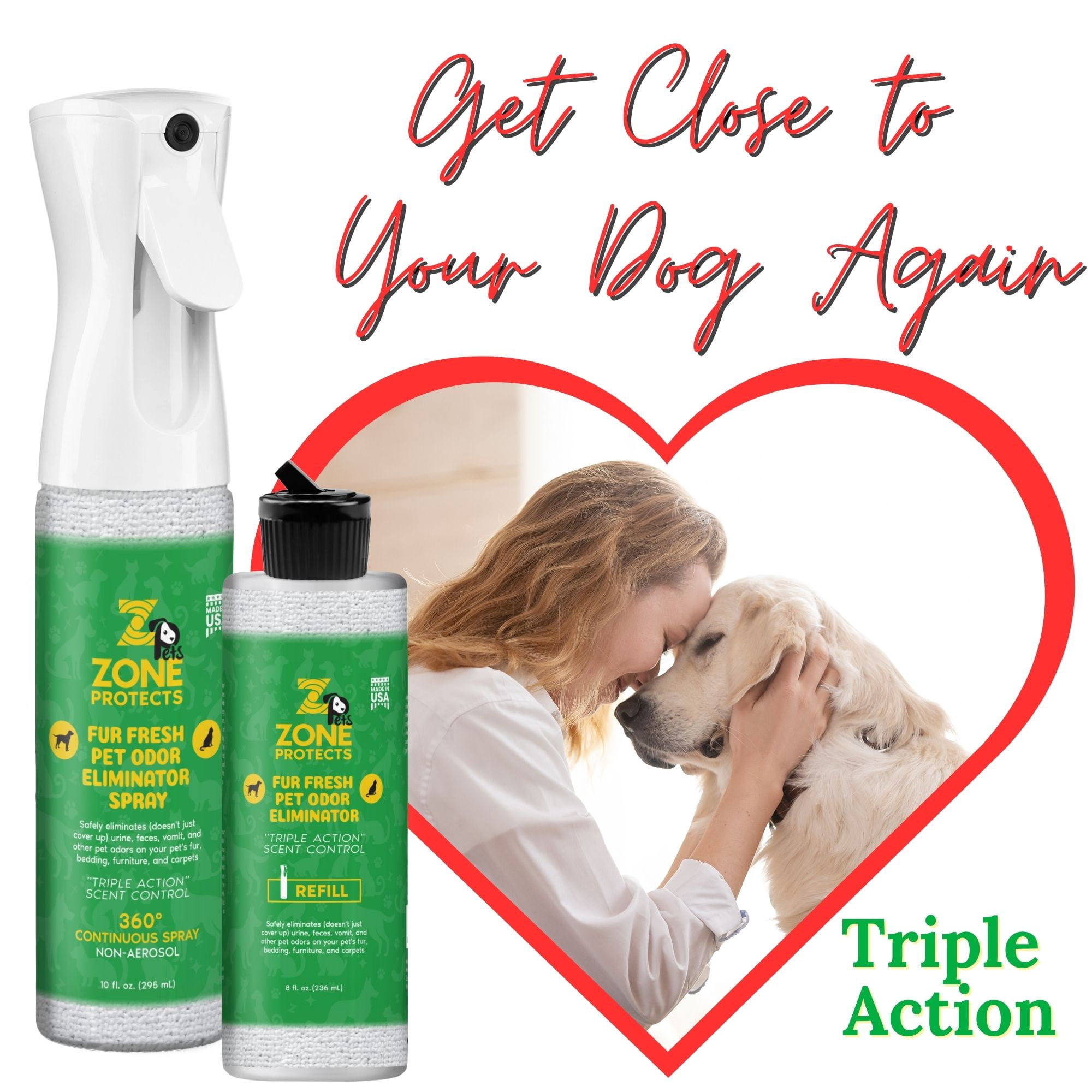 Zone Protects Pets Fur Fresh Pet Odor Eliminator Bundle; Triple Action Continuous Spray + Refill