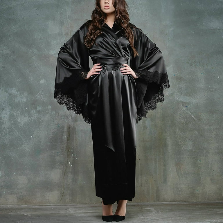Aligament Plus Size Lingerie Satin Kimono Robe Long Bridesmaid Wedding Bath With Lace Trim Lingerie for Women Black Walmart