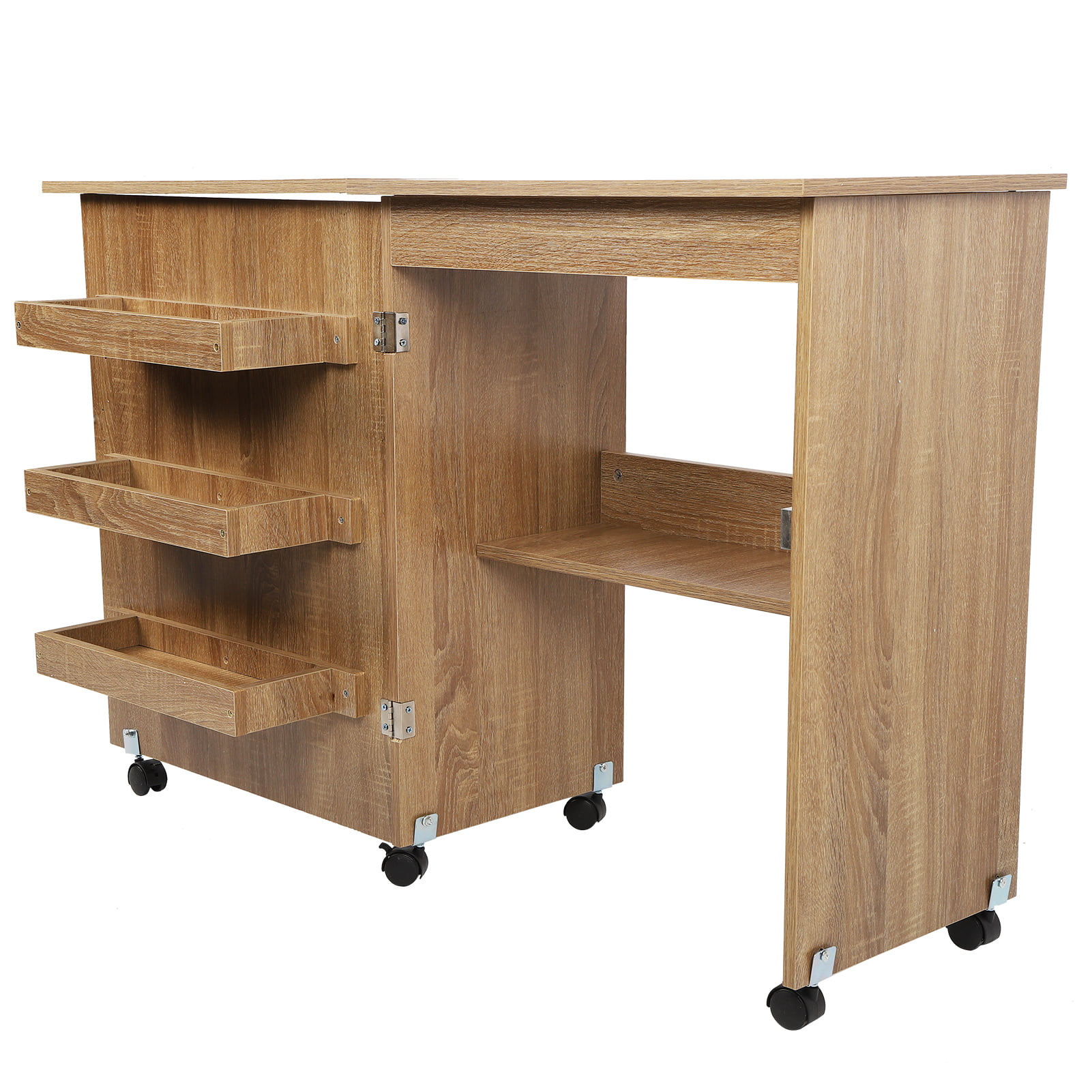 Folding Craft Cart Wood Side Desk Sewing Cabinet with Storage Shelves Lockable Casters Brown Sewing Table Zerone Sewing Table 