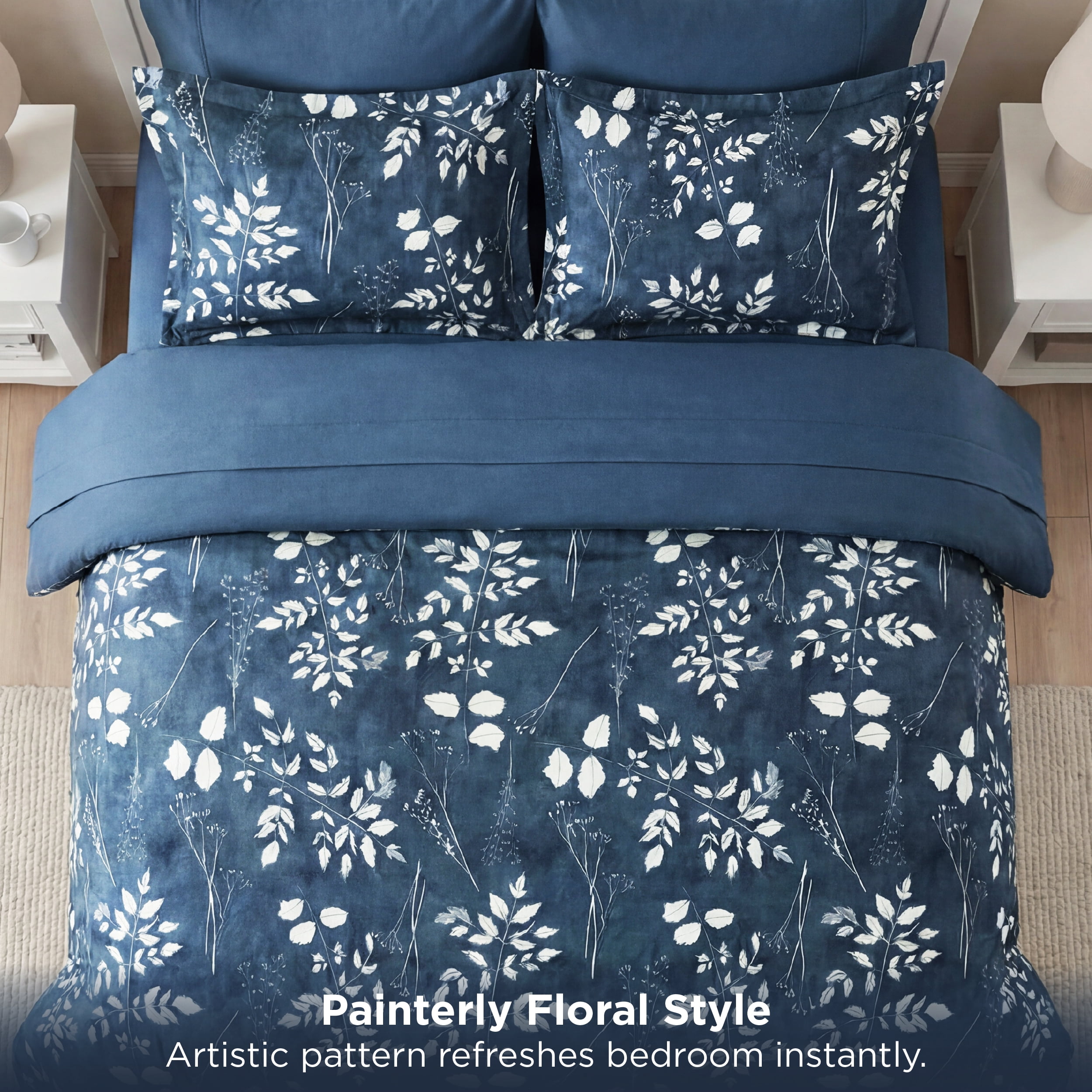 U by Bedsure Queen Comforter Set Navy, Bed in a Bag Queen Size Bedding, 7-Pieces Botanical Flowers Spring Comforter, Sheets, Pillowcases & Shams