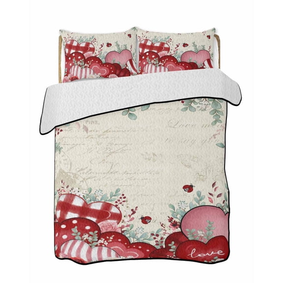 Quilt King Size Bedding Set, Red Pink Valentine's Reversible Summer Quilt 3 Pieces, Vintage Love Heart Eucalyptus Leaves Lightweight Bedspreads Coverlets with 2 Pillow Shams for All Seasons